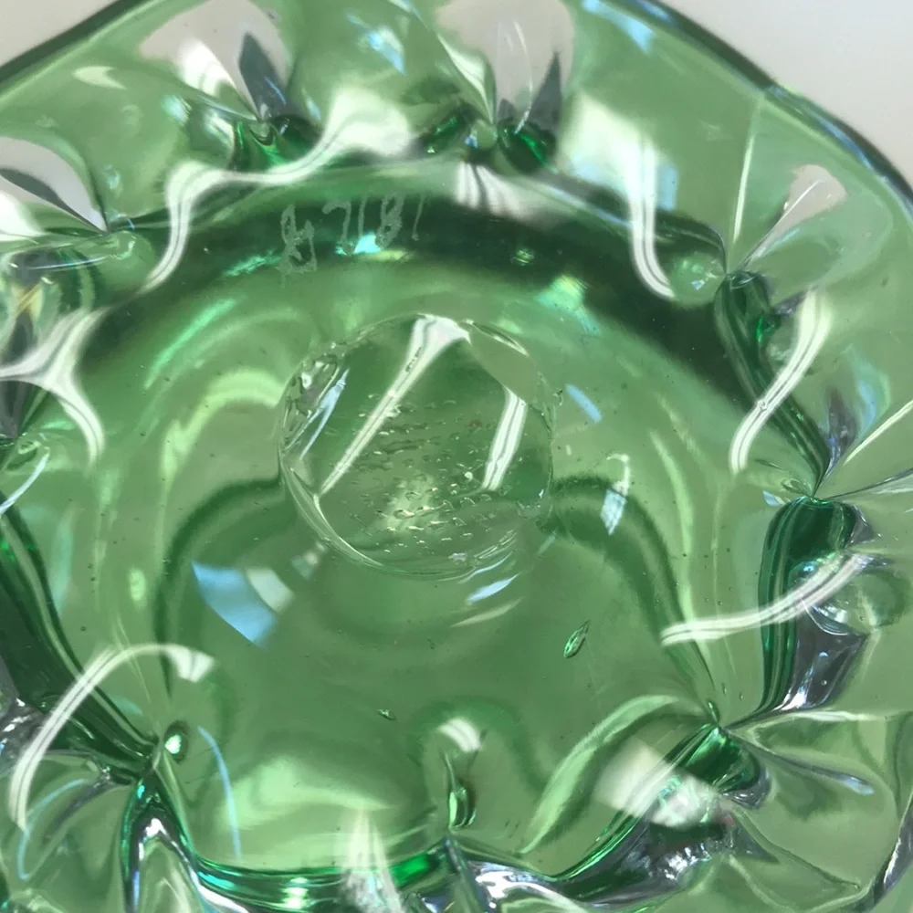 Vintage Signed Green Handblown Glass Pitcher w/ Applied‎ Clear Glass Handle&Base